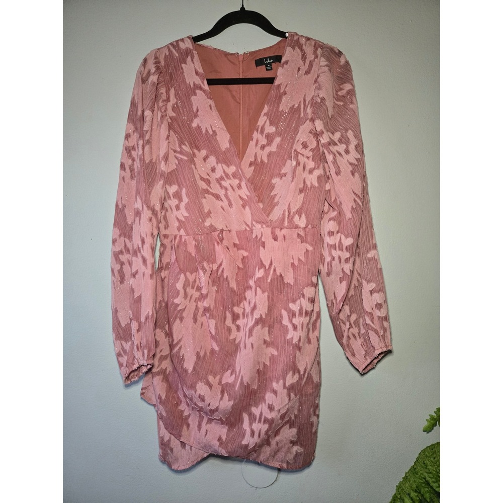 Lulus‎ Pink Floral Textured Mini Dress Long Sleeve V Neck Party Dress M - Picture 2 of 8